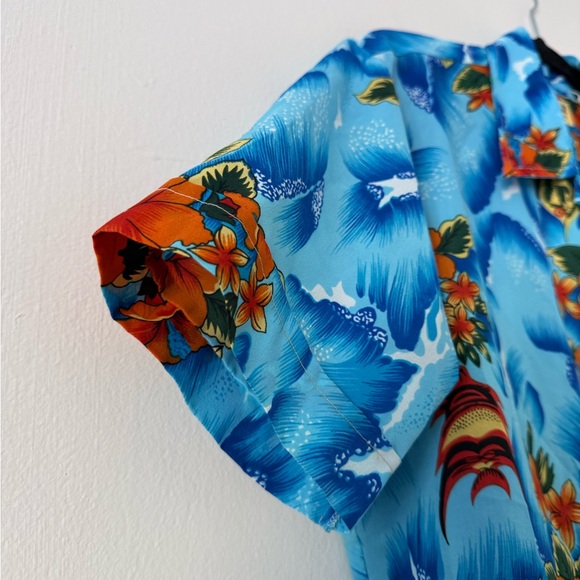 Vintage 70s Authentic Hawaiian Luau Shirt Mens M Hibiscus Floral Ocean Blue - Picture 6 of 15